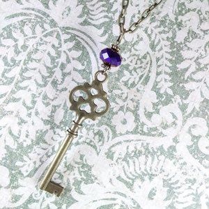 Bronze Key with Purple/Blue Crystal Necklace